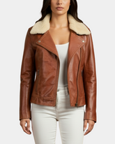 Women Leather Biker Jacket with Detachable Collar Charmed Chestnut
